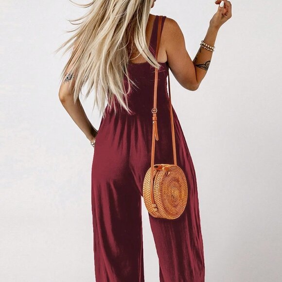 Red Casual Womens Solid Slant Pocket Wide Leg Jumpsuit - Picture 2 of 5